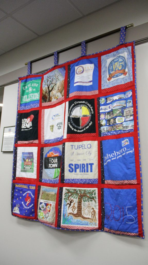 The 2015 All-America City quilt is on display with squares from all of the 2015 All-America City award winners represented including Yakima’s intricate square created by Yakima artist Nancy Rayner.