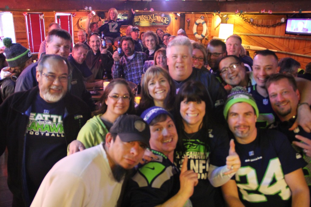 A large contingent of 12th men and women meet to Rally support for the Seahawks at a local restaurant on Friday, January 31st prior the Seattle Seahawks victory in Superbowl XLVII.