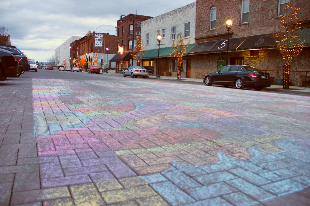 Another spontaneous art project from Allied Arts took shape on a portion of Front Street. The brick street was used as a temporary canvas for this colorful chalk mural created on March 16th, 2014.