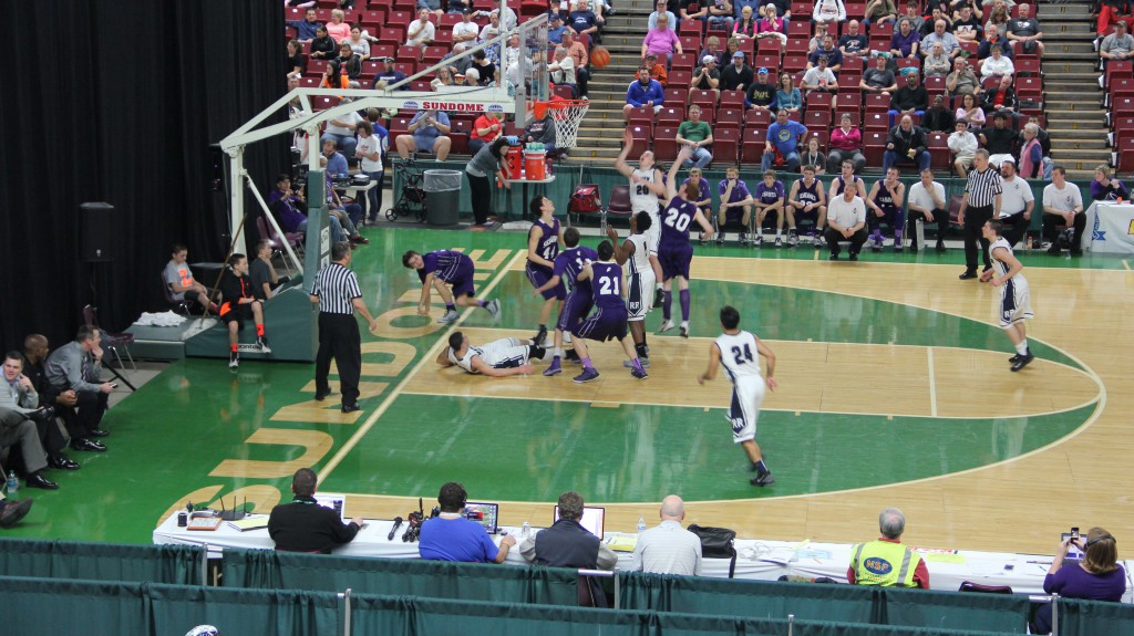 The River Ridge and Anacortes boys teams battle for a spot in the 2A state final game  during the WIAA Hardwood Classic at the Yakima Valley Sundome on March 6th, 2015.