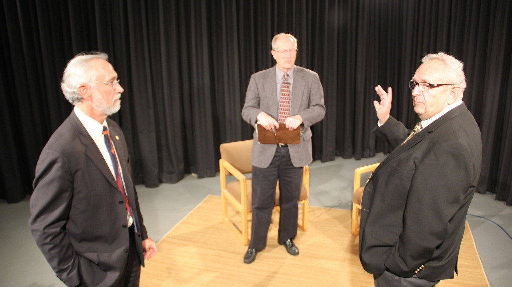 State Representative Norm Johnson chats with congressional candidate Dan Newhouse and host Ken Crockett between tapings on the set of Y-PAC’s Video Voters Pamphlet interview series that will begin airing in October on Charter Cable.