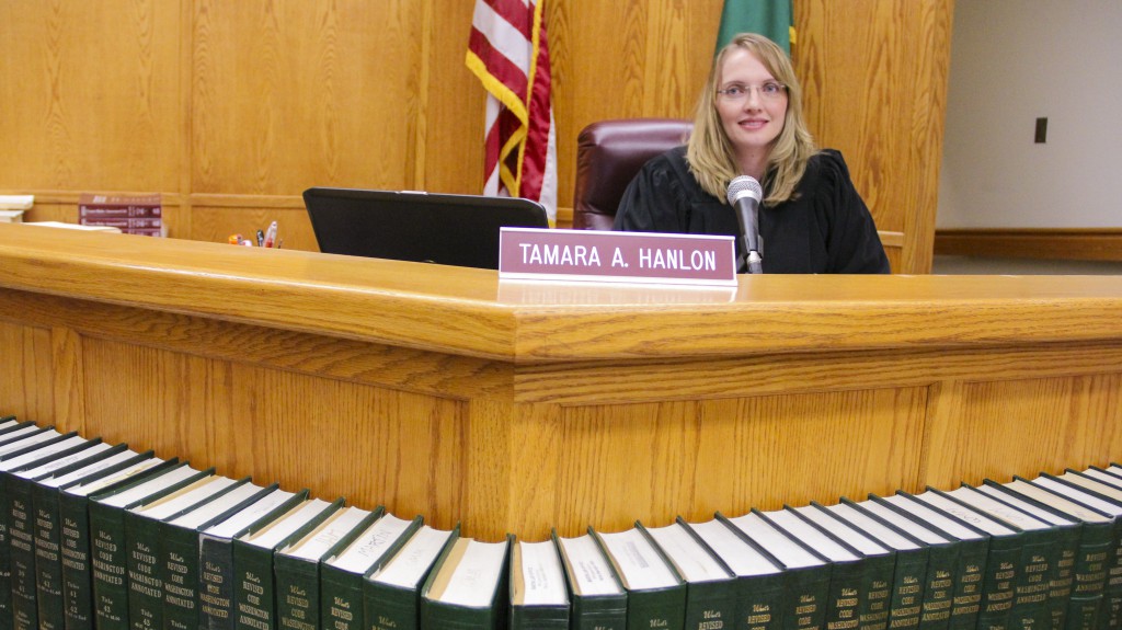 Newly appointed Court Commissioner Tamara A. Hanlon prepares for the next court docket in Yakima Municipal Court.