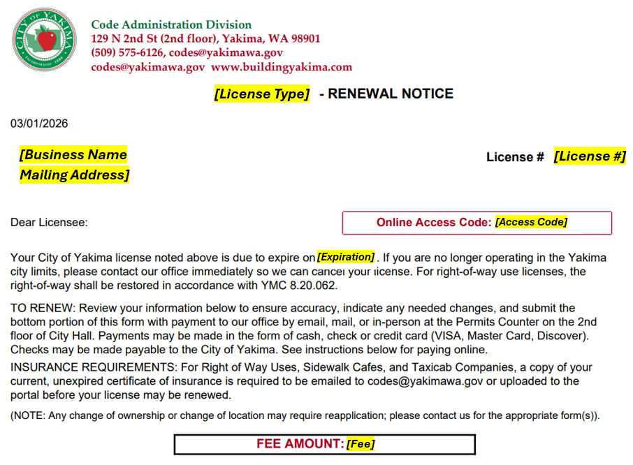 Image of an example Renewal Notice for a Regulatory License (part 1).