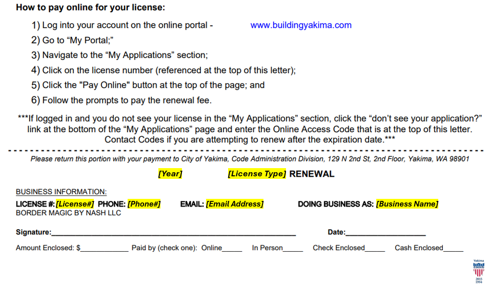 Image of an example Renewal Notice for a Regulatory License (part 2).